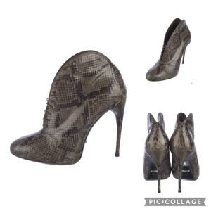 Gucci Snakeskin Lace-Up Gray-ish Green Black Booties Stiletto Heels 38.5/8.5
